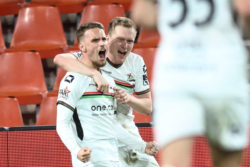OHL's Thibaud Verlinden celebrates after scoring during a soccer match between Standard de Liege and Oud-Heverlee Leuven, Tuesday 22 April 2025 in Liege, on day 5 (out of 10) of the Europe Play-offs of the 2024-2025 'Jupiler Pro League' first division of the Belgian championship. BELGA PHOTO BRUNO FAHY
