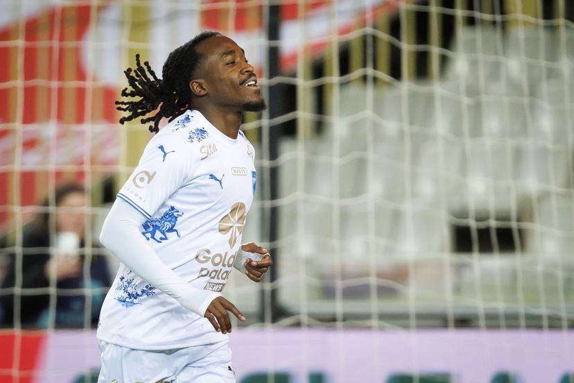 RAAL's Joel Ito celebrates after scoring during a soccer match between Cercle Brugge KSV and RAAL La Louviere, Sunday 15 March 2026 in Brugge, on day 29 of the 2025-2026 'Jupiler Pro League' first division of the Belgian championship. BELGA PHOTO KURT DESPLENTER
