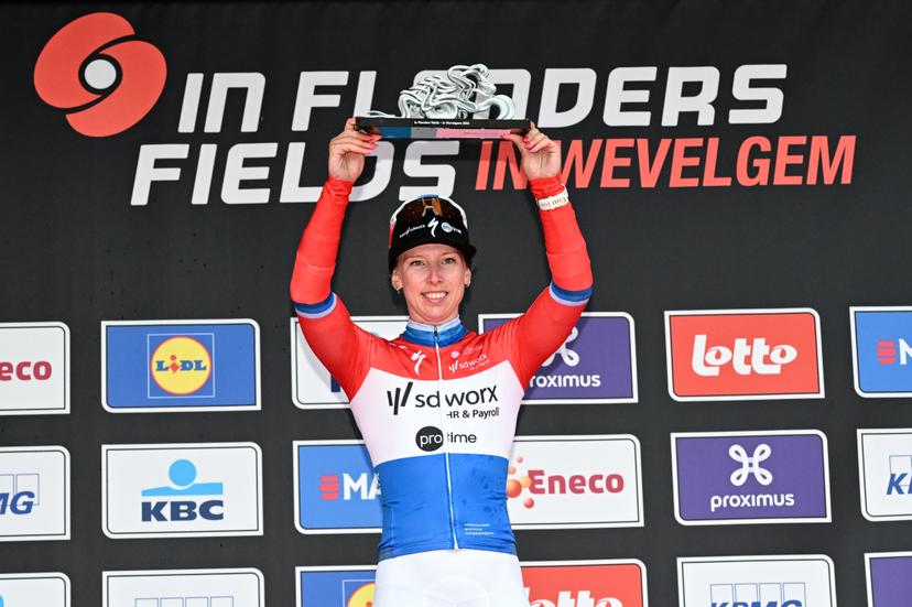 Dutch Lorena Wiebes of SD Worx-Protime celebrates on the podium after winning the women elite 'Wevelgem to Wevelgem - In Flanders Fields' one day cycling race, 134.9 km from and to Wevelgem, on Sunday 29 March 2026. BELGA PHOTO MAARTEN STRAETEMANS