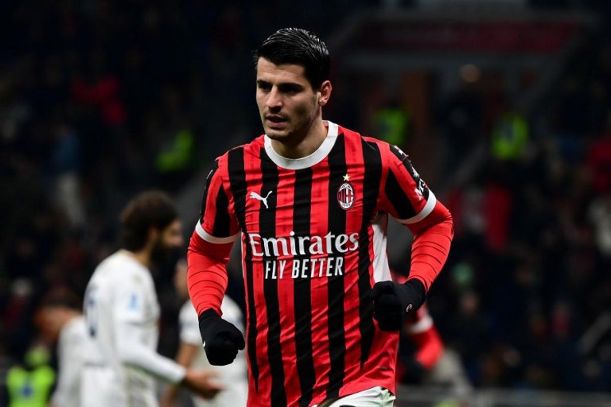 AC Milan's Spanish forward #07 Alvaro Morata celebrates after scoring his team first goal during the Italian Serie A football match between AC Milan and Cagliari at the San Siro Stadium in Milan, Italy on January 11, 2025.  Piero CRUCIATTI / AFP