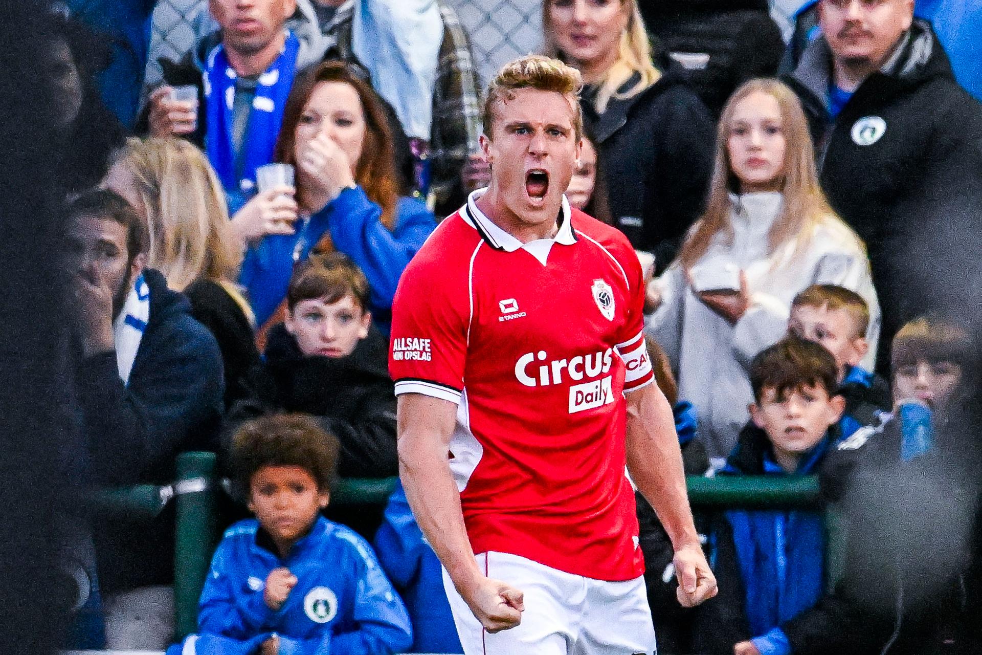 Thibo Somers of Antwerp FC celebrates after scoring during a soccer match between KSK Heist and Royal Antwerp FC, Saturday 17 October 2026 in Heist-op-den-Berg, a game in the 1/16 final of the Croky Cup Belgian cup competition. BELGA PHOTO TOM GOYVAERTS