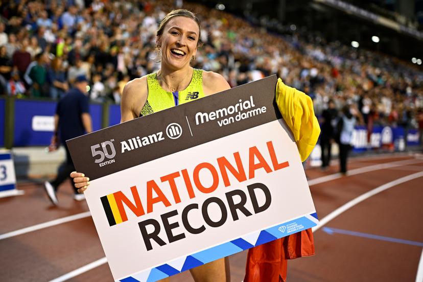 Belgian Paulien Couckuyt celebrates a Belgian record at the women's 400m hurdles, at the 50th edition of the Memorial Van Damme Diamond League athletics event in Brussels, Friday 4 September 2026.  BELGA PHOTO JASPER JACOBS