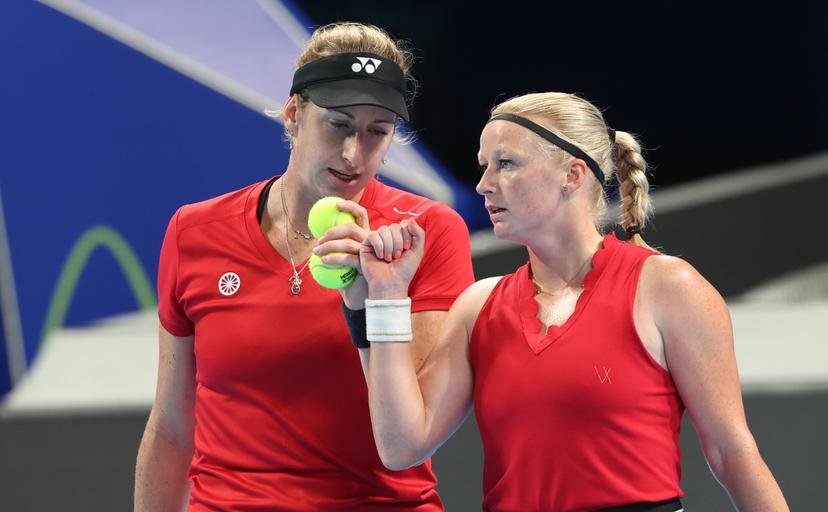 Belgian Magali Kempen and Belgian Lara Salden pictured during a doubles tennis match between Ukrainian pair Kalinina/Kichenok and Belgian pair Kempen/Salden, the third rubber in the tie between Belgium and Ukraine in the Quarter Finals of the Billie King Cup tournament, on Thursday 24 September 2026 in Shenzhen, China. BELGA PHOTO VIRGINIE LEFOUR