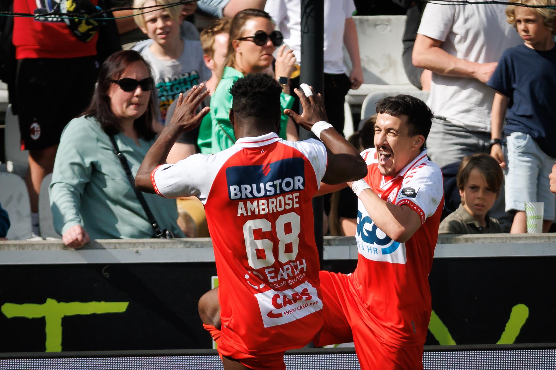Kortrijk's Abdelkahar Kadri celebrates after scoring during a soccer match between Cercle Brugge and KV Kortrijk, Saturday 03 May 2025 in Brugge, on day 5 (out of 6) of the Relegation Play-offs of the 2024-2025 'Jupiler Pro League' first division of the Belgian championship. BELGA PHOTO KURT DESPLENTER