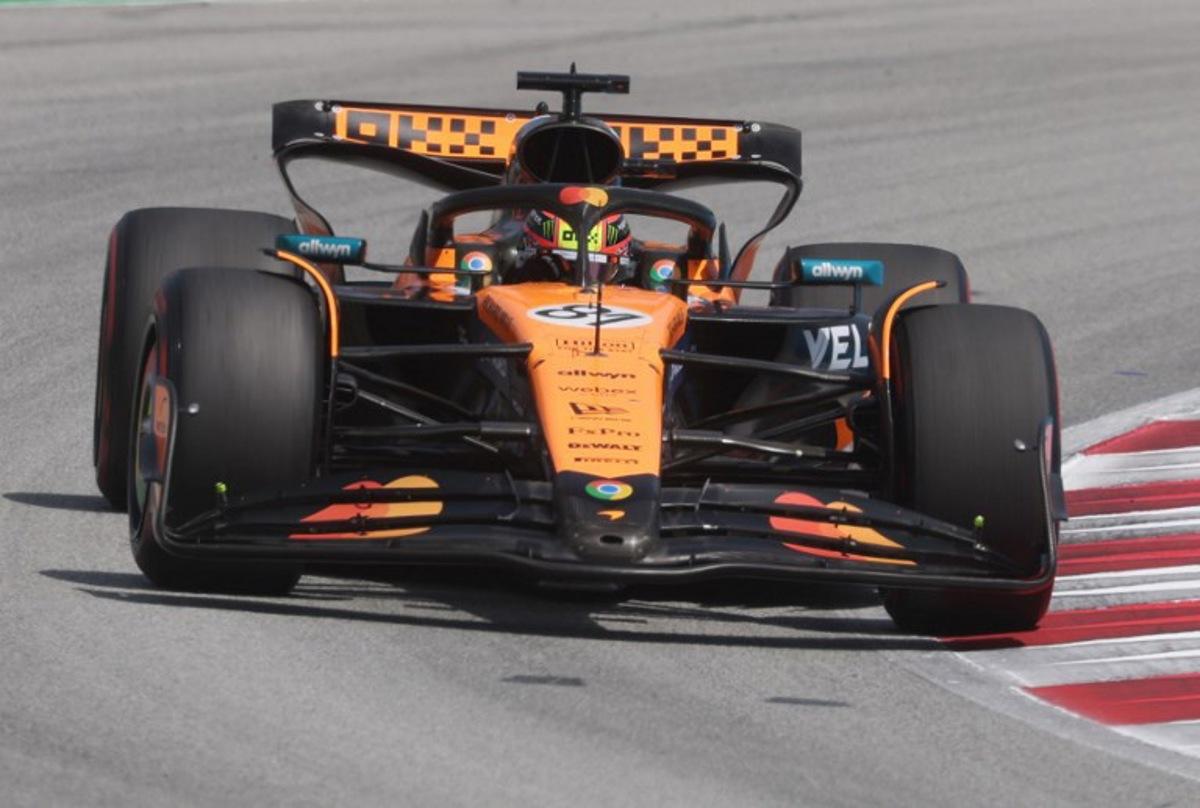 McLaren's Australian driver Oscar Piastri leads during the Spanish Formula One Grand Prix at the Circuit de Catalunya in Montmelo, on the outskirts of Barcelona, on June 1, 2025.  Pierre-Philippe MARCOU / AFP