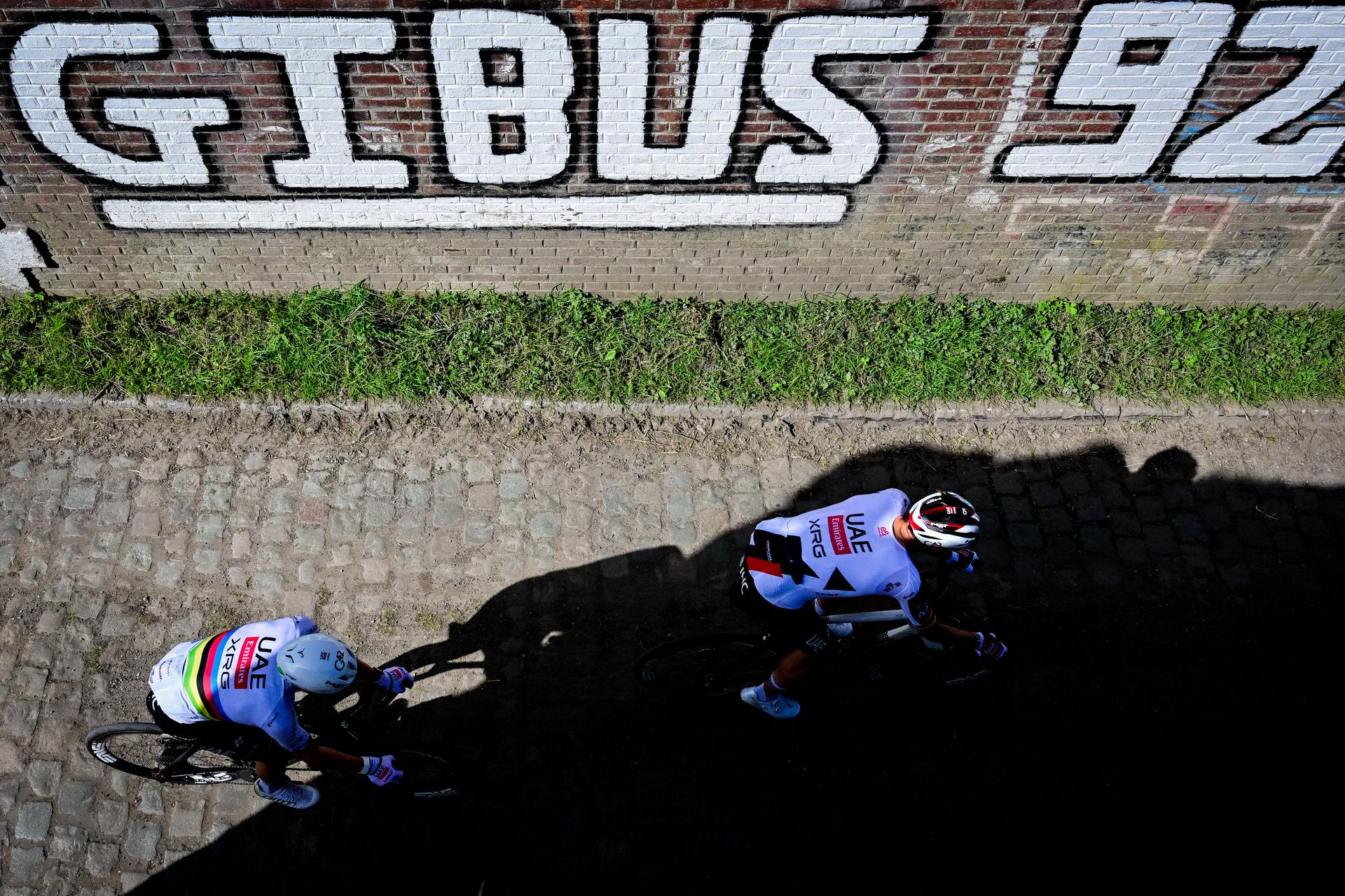 Slovenian Tadej Pogacar of UAE Team Emirates-XRG pictured in action during the reconnaissance of the track ahead of this year's Paris-Roubaix cycling race, Thursday 09 April 2026, around Roubaix, France. The 123rd edition of Paris-Roubaix cycling races will take on Sunday, with the women riding 143,1 km the men riding 258,3 km on Sunday. BELGA PHOTO DIRK WAEM