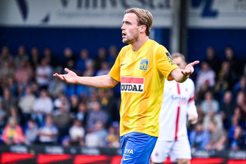 Westerlo's Tuur Rommens reacts during a soccer match between KVC Westerlo and Royal Antwerp FC, Saturday 30 August 2025 in Westerlo, on day 6 of the 2025-2026 'Jupiler Pro League' first division of the Belgian championship. BELGA PHOTO TOM GOYVAERTS