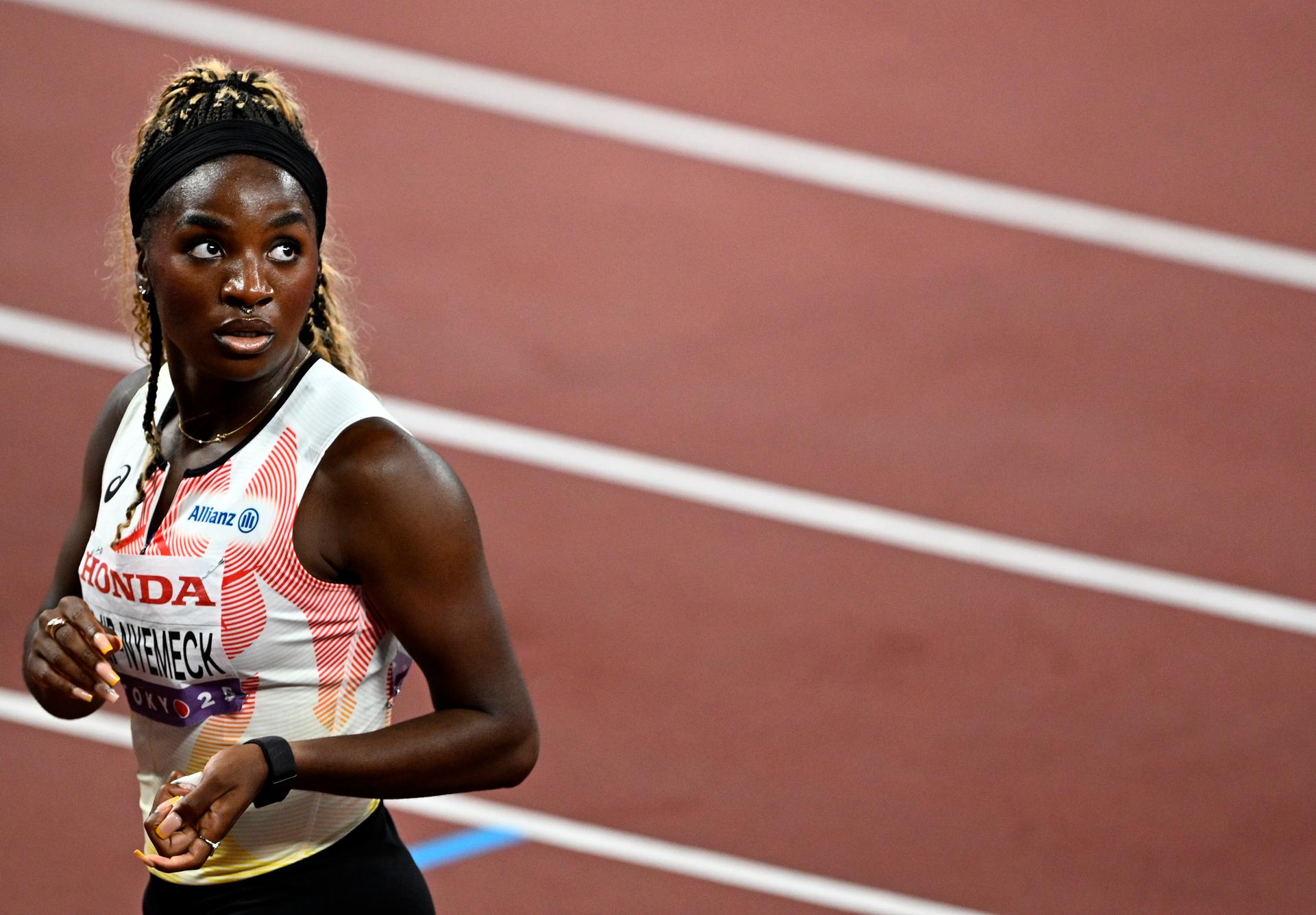 Belgian Yanla Ndjip-Nyemeck pictured after the semi-finals of the women 100m Hurdles, at the World Athletics Championships in Tokyo, Japan, on Monday 15 September 2025. The outdoor Worlds are taking place from 13 to 21 September. BELGA PHOTO JASPER JACOBS