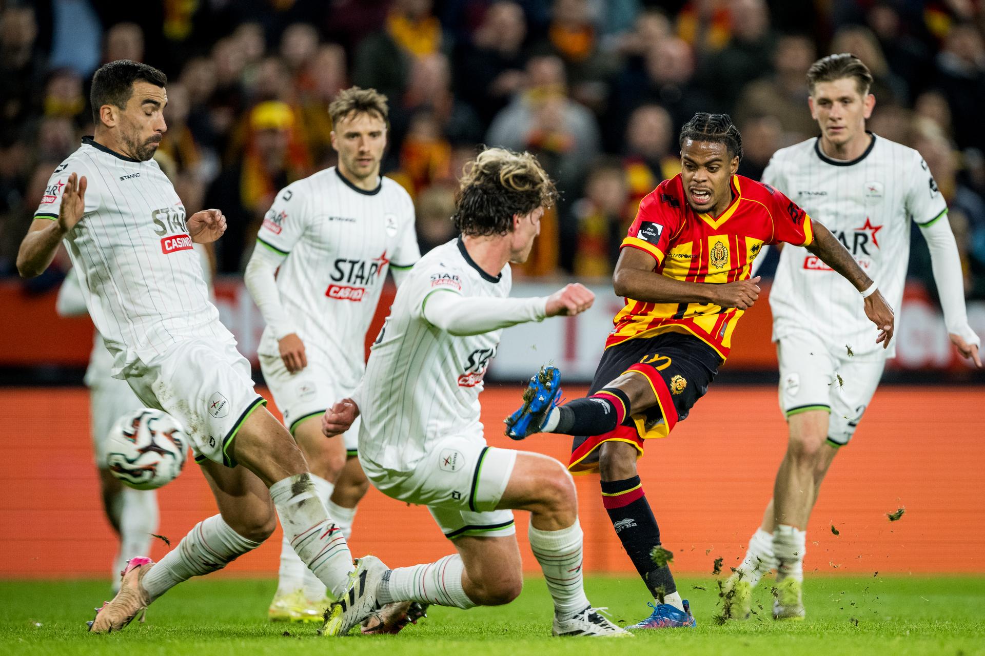 Mechelen's Therence Koudou scores a goal during a soccer match between KV Mechelen and Oud-Heverlee Leuven, Saturday 25 October 2025 in Mechelen, on day 12 of the 2025-2026 'Jupiler Pro League' first division of the Belgian championship. BELGA PHOTO JASPER JACOBS