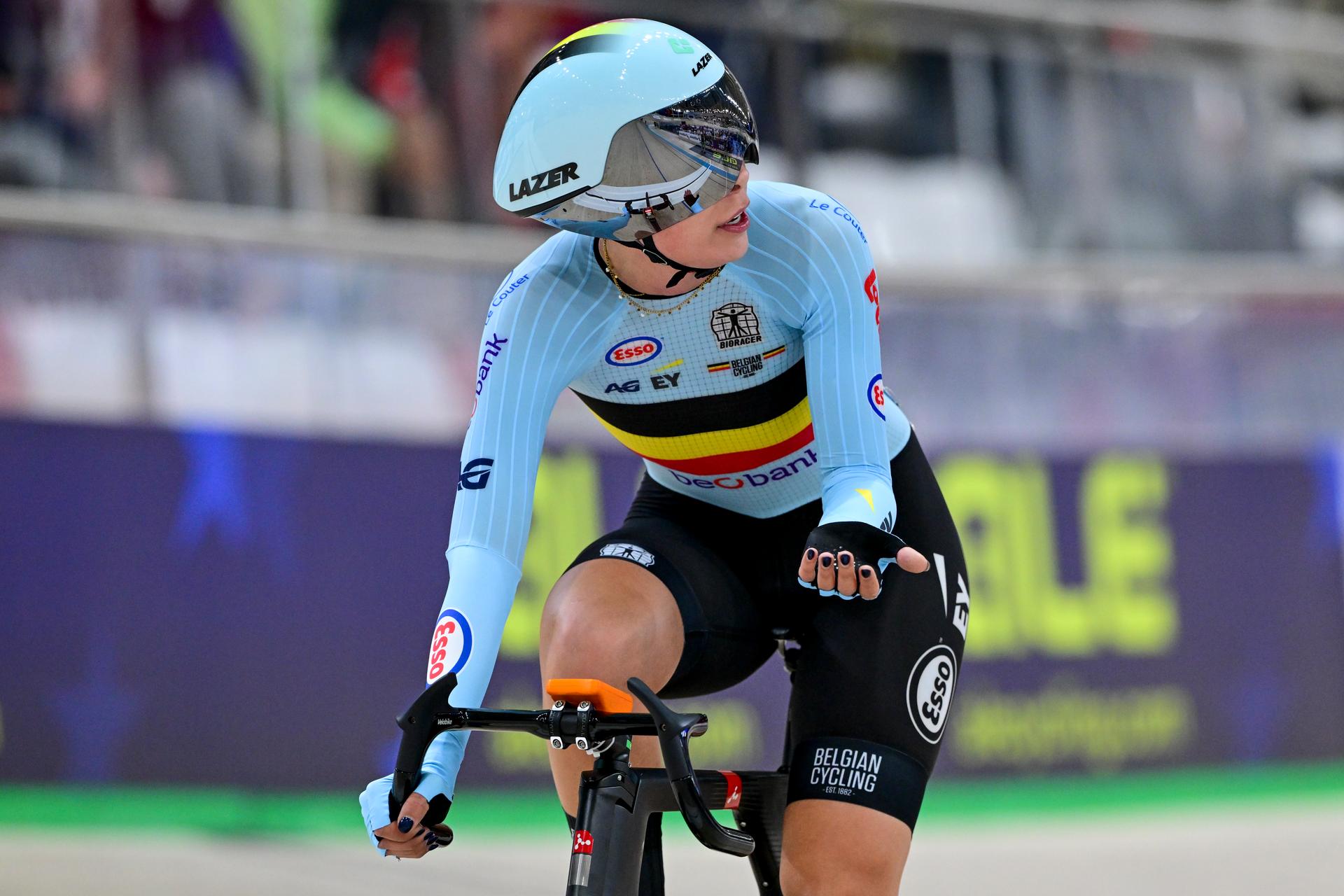 Belgian Shari Bossuyt pictured during the women's Omnium III elimination race at day 3 of the 2026 UEC Track Elite European Championships, in Konya, Turkey, Tuesday 03 February 2026. The European Championships take place from 01 to 05 February 2026. BELGA PHOTO DIRK WAEM