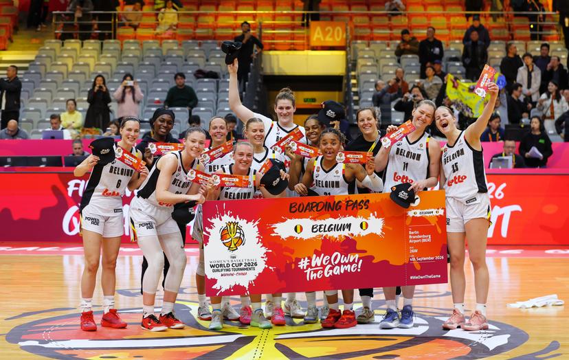 Belgium's national team Belgian Cats celebrate after qualifying for the 2026 FIBA Women's Basketball World Cup, in Wuhan, China, on Tuesday 17 March 2026, after the fifth game (out of 5) of the qualifications phase for the World Cup Basket tournament. BELGA PHOTO NIKOLA KRSTIC
