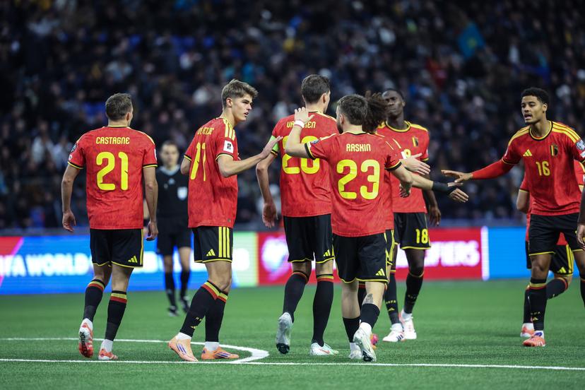 Belgium's players celebrate during a soccer game between Kazakhstan and Belgium's Red Devils, Saturday 15 November 2025 in Astana, Kazakhstan, qualification game 7/8 for the 2026 FIFA World Cup. BELGA PHOTO VIRGINIE LEFOUR