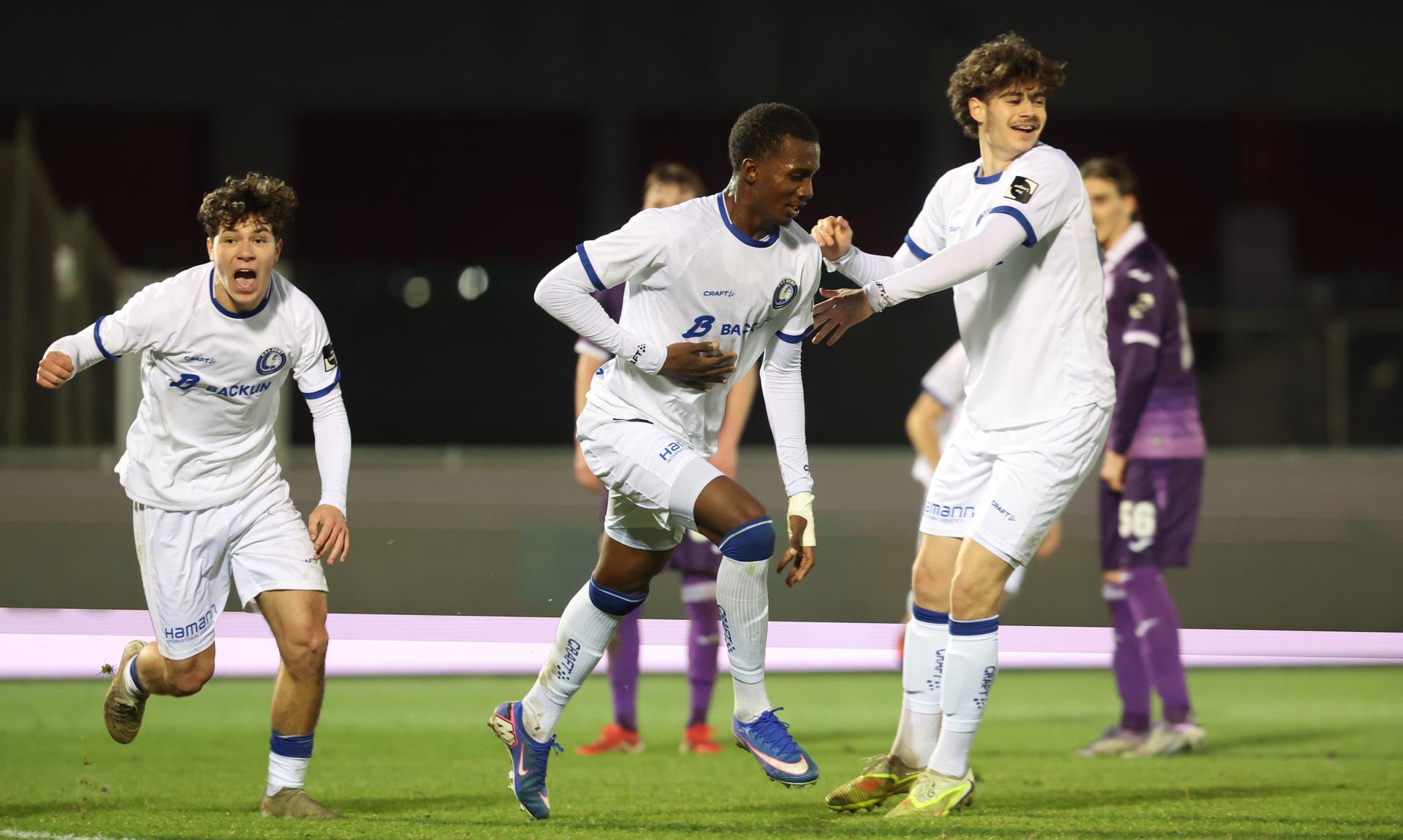 Jong Gent's Aliou Diallo Mamadou celebrates after scoring during a soccer game between RSCA Futures and Jong KAA Gent, Saturday 17 January 2026 in Deinze, on day 20 of the 2025-2026 'Challenger Pro League' 1B second division of the Belgian championship. BELGA PHOTO VIRGINIE LEFOUR
