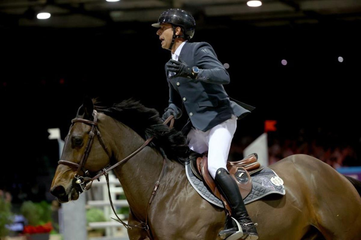 French' Julien Epaillard riding Donatello d'Auge reacts during the FEI World Cup Jumping event at the Parc des Expositions in Bordeaux, south-western France, on February 8, 2025.   ROMAIN PERROCHEAU / AFP