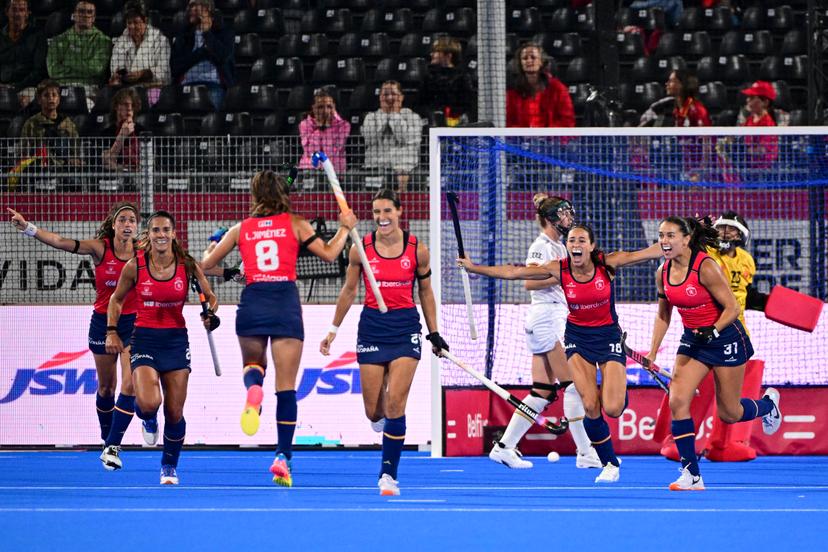 Spain's players celebrate after scoring during a field hockey game between Belgian national team Red Panthers and Spain during the group stage of the women's 2026 Hockey World Cup, on Tuesday 18 August 2026, in Wavre. The 2026 edition of the Hockey World Cup takes place in Belgium and The Netherlands from August 15 to August 30. BELGA PHOTO DIRK WAEM