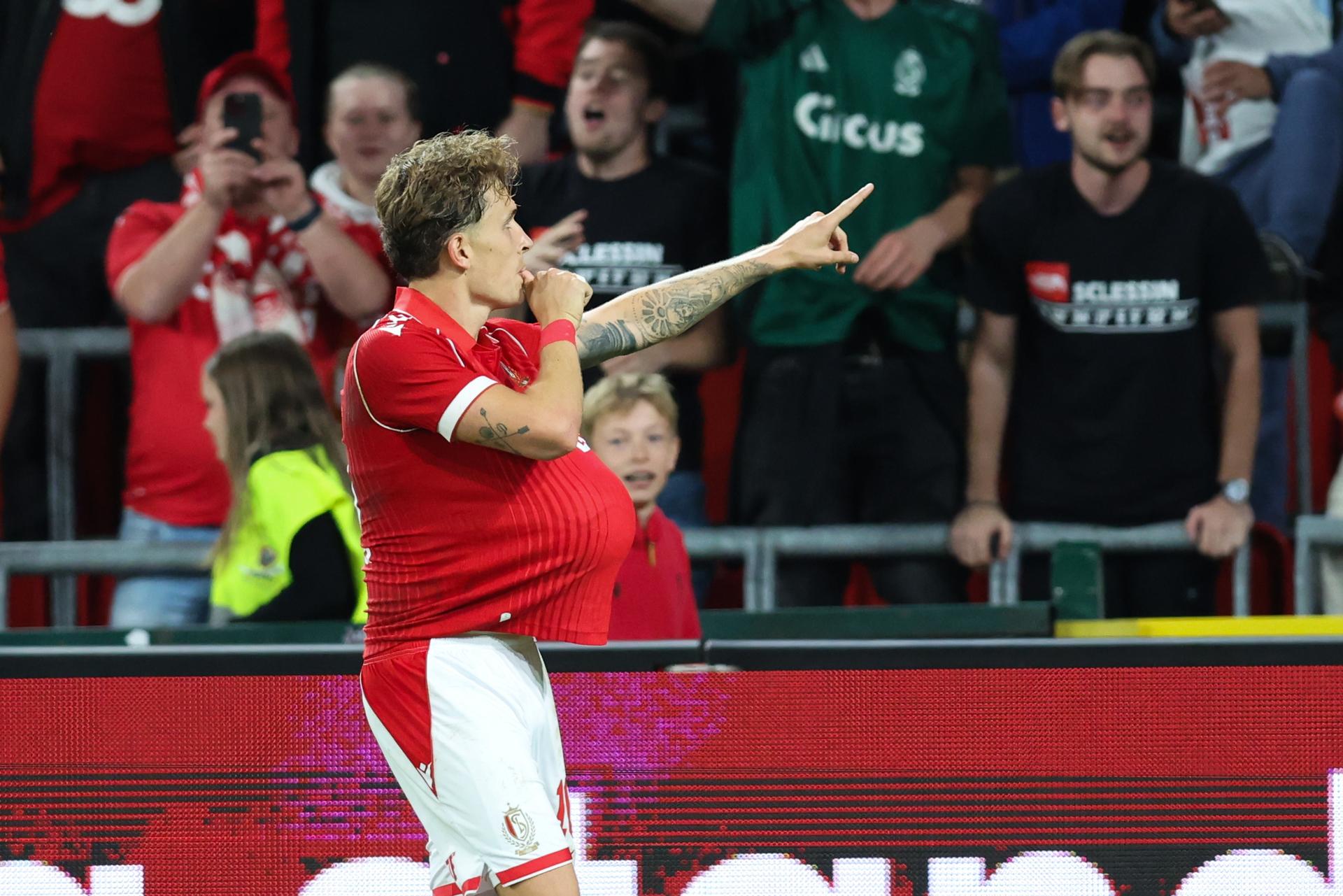 Standard's Dennis Eckert celebrates after scoring during a soccer match between Standard de Liege and Royal Antwerp FC, Saturday 5 September 2026 in Liège, on day 5 of the 2026-2027 'Jupiler Pro League' first division of the Belgian championship. BELGA PHOTO BRUNO FAHY