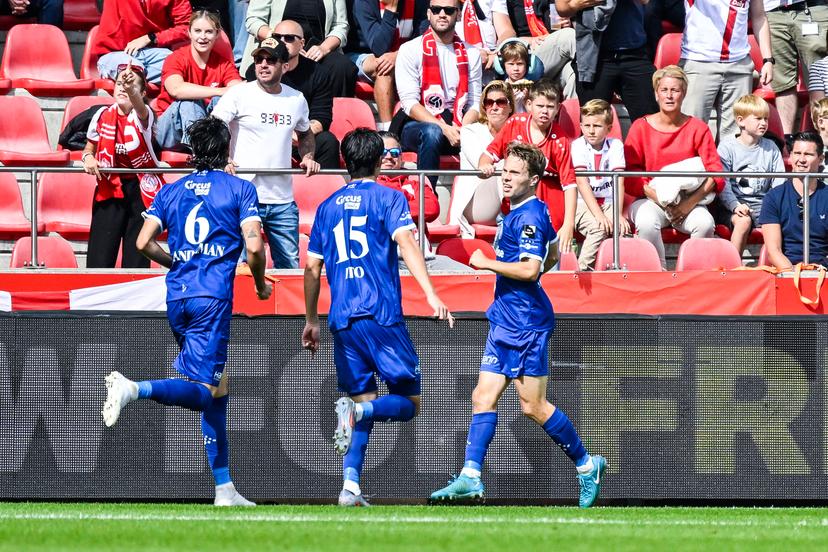 Gent's Matisse Samoise celebrates after scoring during a soccer match between Royal Antwerp FC and KAA Gent, Sunday 14 September 2025 in Antwerp, on day 7 of the 2025-2026 'Jupiler Pro League' first division of the Belgian championship. BELGA PHOTO TOM GOYVAERTS