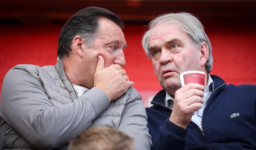 Standard's new sport director Marc Wilmots and Standard's new general manager Pierre Francois pictured at the start of a soccer match between Standard de Liege and FCV Dender EH, Saturday 17 May 2025 in Liege, on day 9 (out of 10) of the Europe Play-offs of the 2024-2025 'Jupiler Pro League' first division of the Belgian championship. BELGA PHOTO VIRGINIE LEFOUR