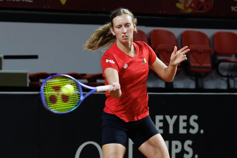 Belgian Elise Mertens pictured in action during a training session of Belgian team ahead of the meeting between Belgium and USA, in the qualifiers of the Billie Jean King Cup tennis, in Oostende, Belgium, on Tuesday 07 April 2026. The game will be played on 10 and 11th April. PHOTO KURT DESPLENTER