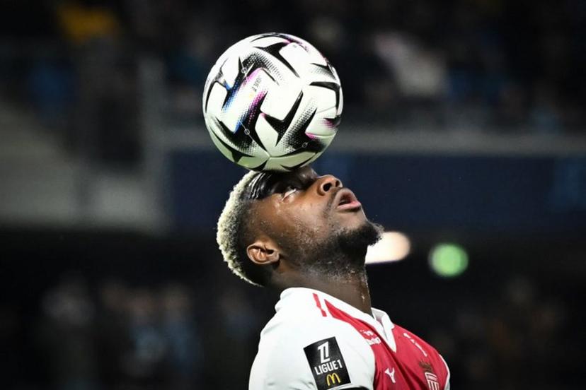 Monaco's French forward #19 George Ilenikhena heads the ball during the French L1 football match between Le Havre AC and AS Monaco at the Oceane Stadium in Le Havre, north-western France, on January 24, 2026.  Lou BENOIST / AFP