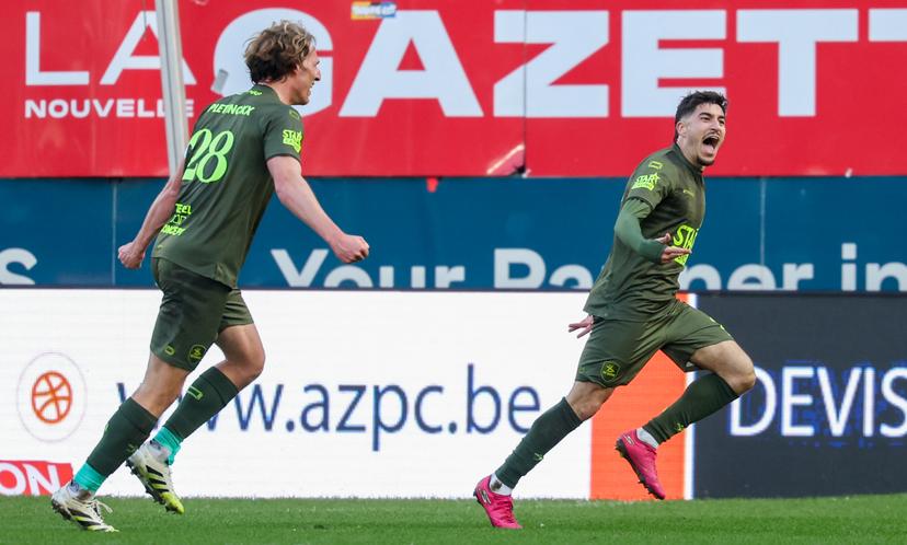 OHL's Oscar Gil Regano celebrates after scoring during a soccer match between Sporting Charleroi and Oud-Heverlee Leuven, Saturday 14 March 2026 in Charleroi, on day 29 of the 2025-2026 'Jupiler Pro League' first division of the Belgian championship. BELGA PHOTO VIRGINIE LEFOUR