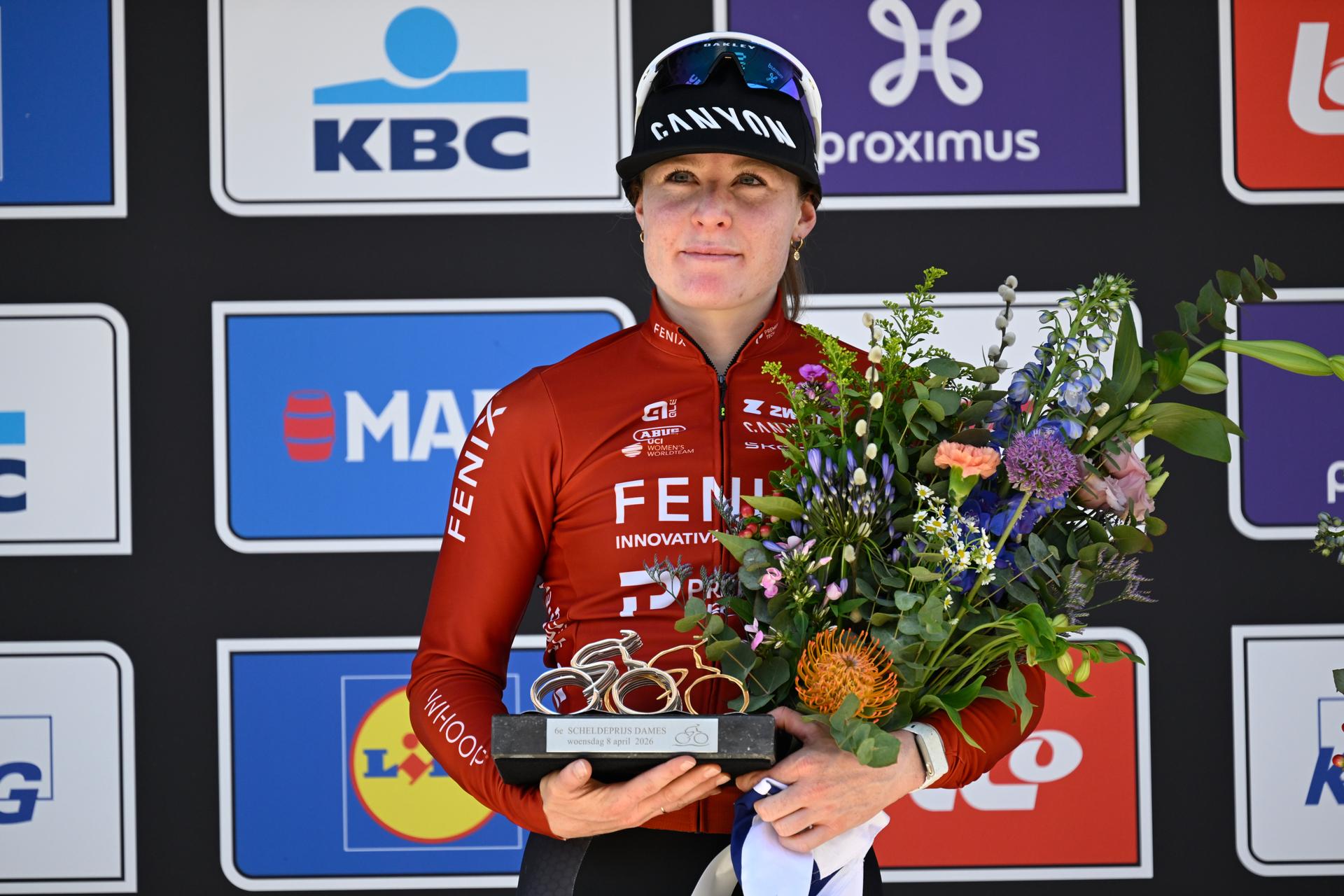 Dutch Charlotte Kool of Fenix-Premier Tech celebrates on the podium after winning the women's race of the 'Scheldeprijs' one day cycling event, 130,3km from and to Schoten on Wednesday 08 April 2026. BELGA PHOTO TOM GOYVAERTS