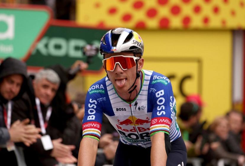 Team Bora's Belgian rider Remco Evenepoel crosses the finish line of the sixth stage of the 2026 'Volta a Catalunya' cycling tour of Catalonia, a 158 km race between Berga and the Sanctuary of La Mare de Deu de Queralt in Berga, on March 28, 2026.  Josep LAGO / AFP