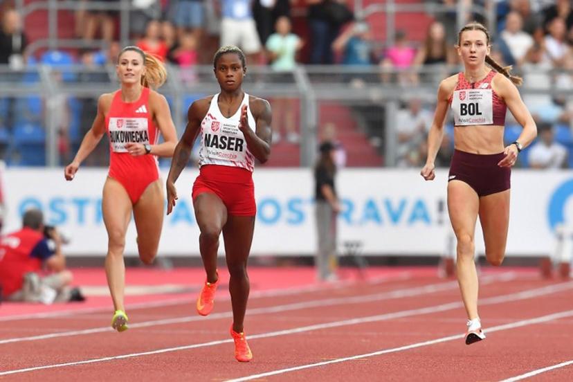 Bahrain's Salwa Eid Naser (C) and Netherland's Femke Bol (R) compete during the Women's 400m event at the 64th Golden Spike athletics meeting in Ostrava, Czech Republic on June 24, 2025.   Michal Cizek / AFP