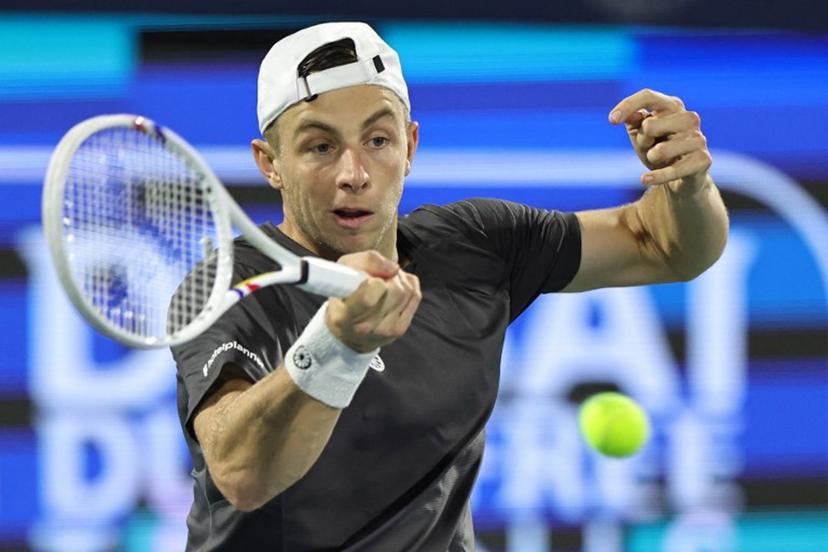 Netherlands' Tallon Griekspoor returns a shot during his men's singles semi-final match against Russia's Andrey Rublev at the Dubai Duty Free Tennis tournament in Dubai on February 27, 2026.  Fadel SENNA / AFP