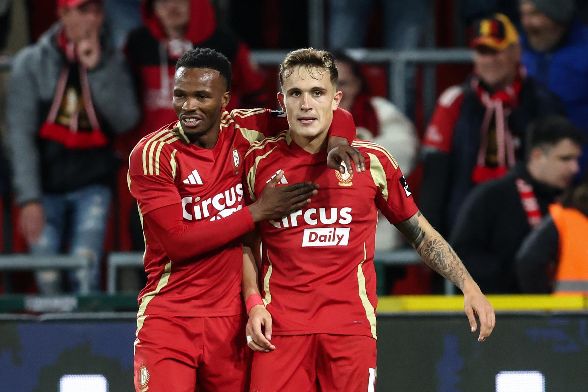 Standard's Dennis Eckert Ayensa celebrates after scoring during a soccer match between Standard de Liege and KVC Westerlo, Saturday 19 April 2025 in Liege, on day 4 (out of 10) of the Europe Play-offs of the 2024-2025 'Jupiler Pro League' first division of the Belgian championship. BELGA PHOTO BRUNO FAHY