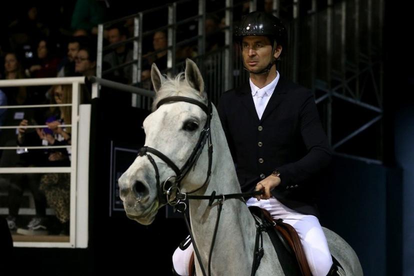 Switzerland's Steve Guerdat riding Is-Minka prepares to compete in the FEI World Cup Jumping event at the Parc des Expositions in Bordeaux, south-western France, on February 3, 2024.  ROMAIN PERROCHEAU / AFP