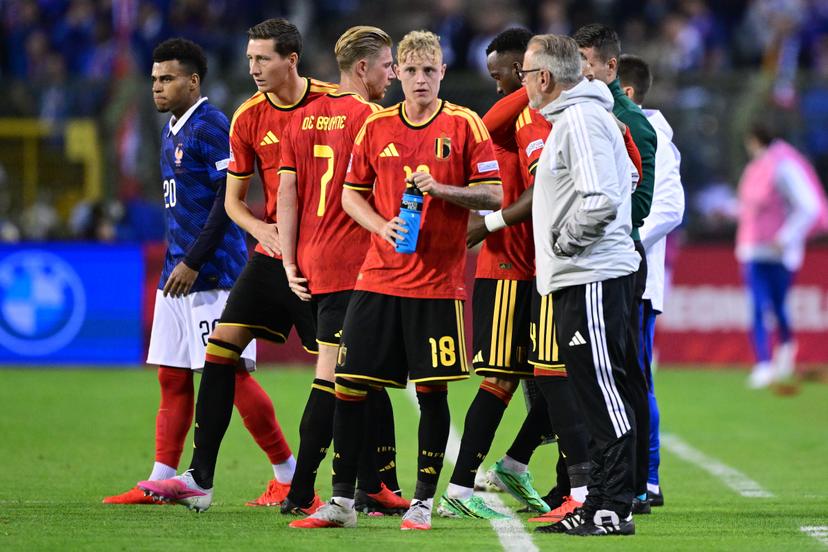Belgium's Hans Vanaken and Belgium's Kevin De Bruyne pictured during a soccer game between Belgian national team Red Devils and France, on Monday 28 September 2026  in Brussels, the second game of the UEFA Nations League group stage. BELGA PHOTO DIRK WAEM