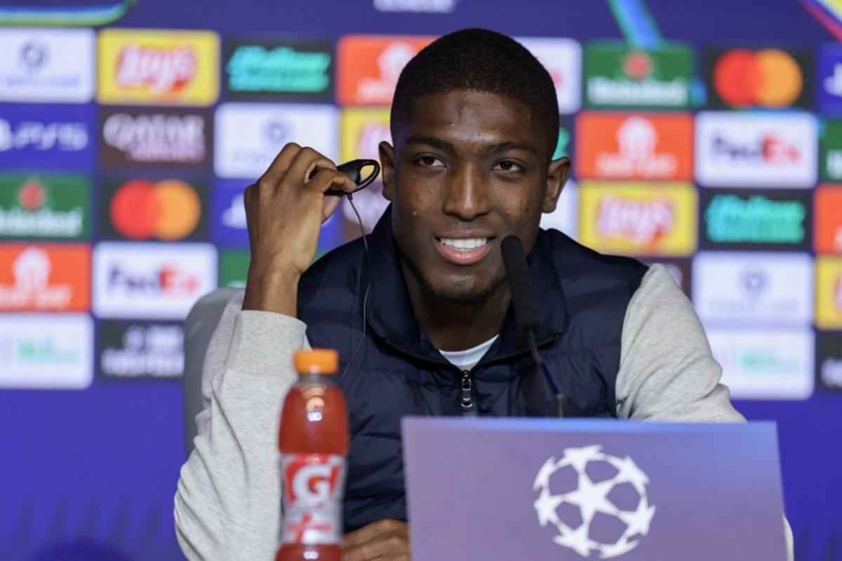Club Brugge's Ecuadorian defender #04 Joel Ordonez gives a press conference on the eve of their UEFA Champions League knockout round play-off second leg football match against Club Atletico de Madrid at the Metropolitano Stadium in Madrid on February 23, 2026.  Thomas COEX / AFP