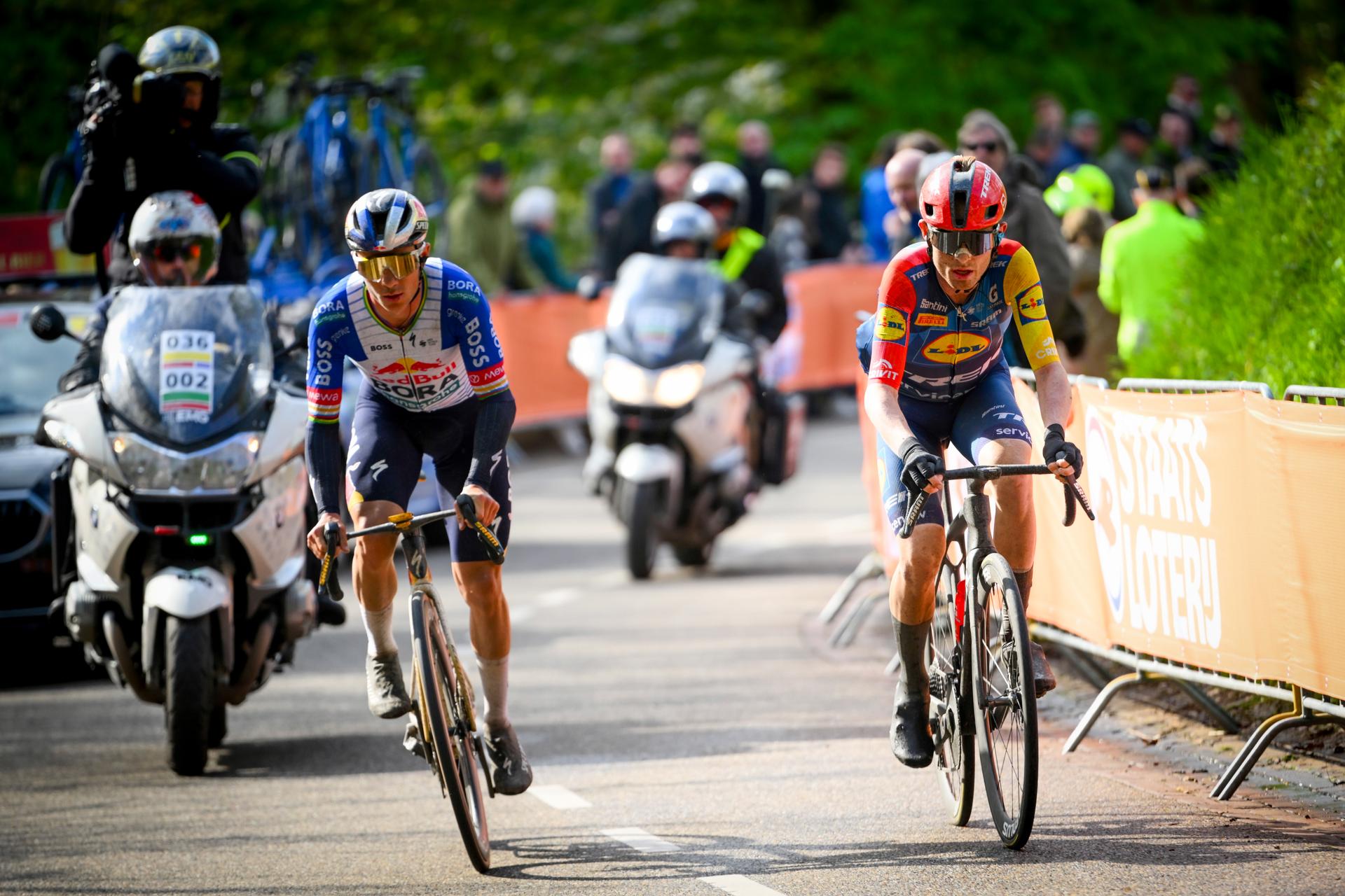 Belgian Remco Evenepoel of Red Bull-BORA-hansgrohe and Danish Mattias Skjelmose of Lidl-Trek pictured in action during the men elite 'Amstel Gold Race' one day cycling race, 257,4 km from Maastricht to Valkenburg, The Netherlands, Sunday 19 April 2026. BELGA PHOTO POOL VINCENT KALUT