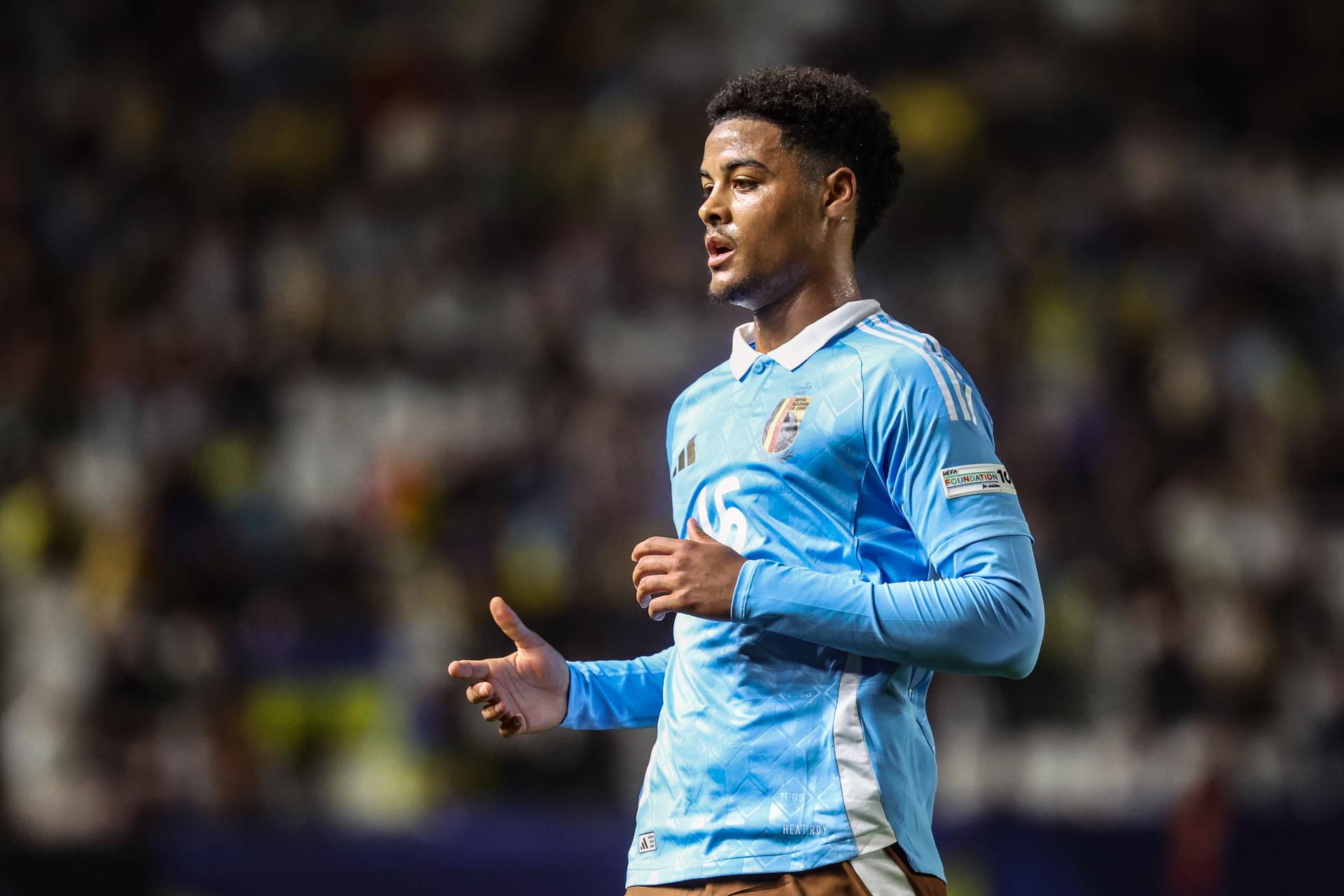 Belgium's Koni De Winter pictured during a soccer game between Belgian national team the Red Devils and Ukraine, Thursday 20 March 2025 in Murcia, Spain, the first leg of the play-offs in the Nations League. BELGA PHOTO VIRGINIE LEFOUR