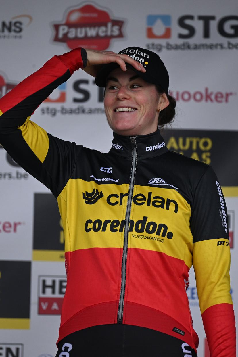 Belgian Marion Norbert Riberolle on the podium after the women's elite race at the 'Sluitingsprijs Oostmalle' cyclocross race, Sunday 22 February 2026, in Oostmalle, the last race of the 2025-2026 cyclocross season. BELGA PHOTO LUC CLAESSEN