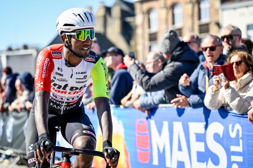 Eritrean Biniam Girmay Hailu of Intermarche-Wanty pictured at the start of the men elite race of the 'Dwars Door Vlaanderen' cycling event, 184,2km from Roeselare to Waregem, Wednesday 02 April 2025. BELGA PHOTO DIRK WAEM