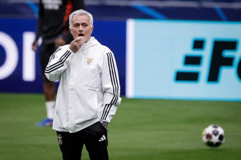 SL Benfica's Portuguese head coach Jose Mourinho gestures during a  training session on the eve of their UEFA Champions League knockout round play-off second leg football match against Real Madrid CF at Santiago Bernabeu Stadium in Madrid on February 24, 2026.  Oscar DEL POZO / AFP
