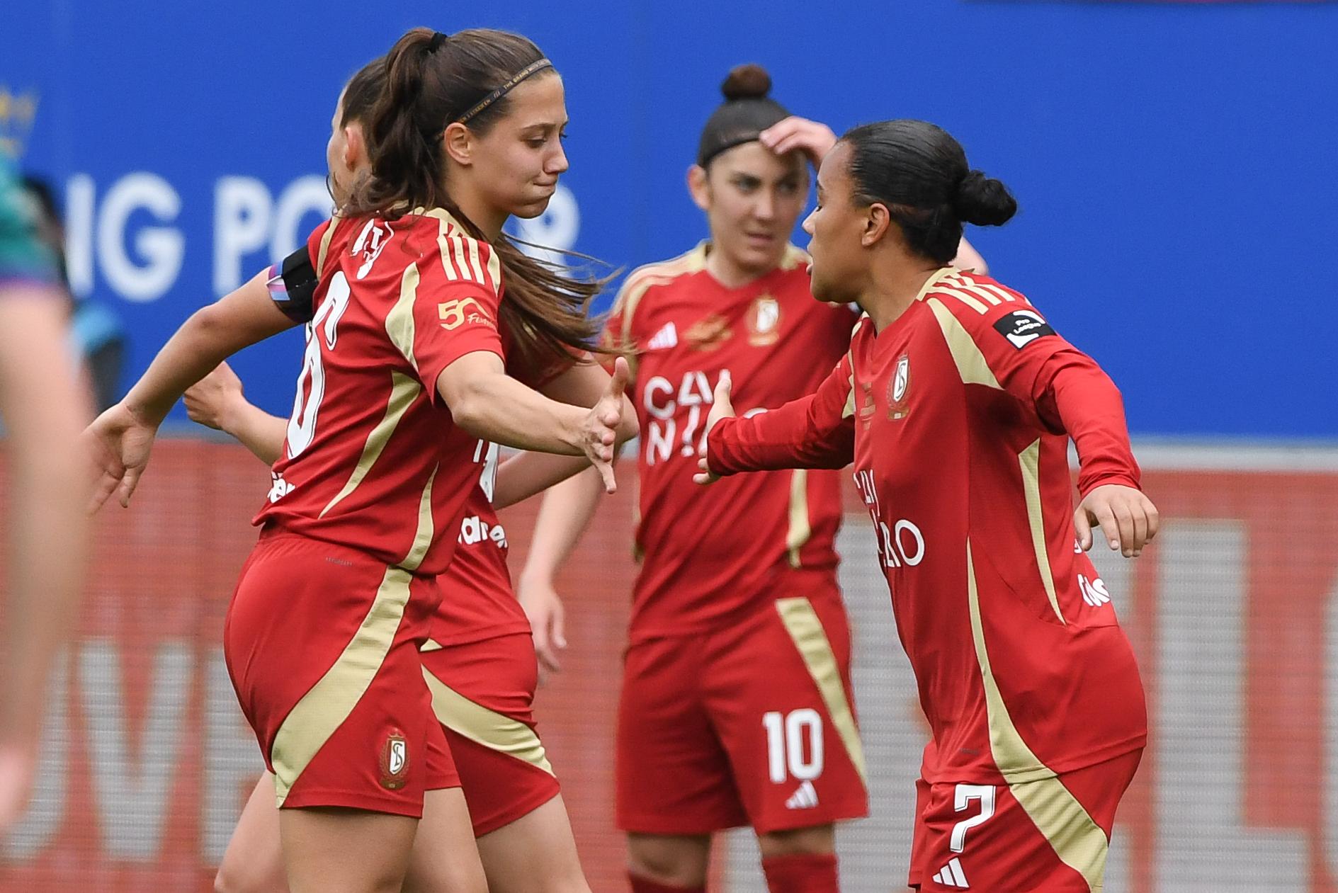 Standard Mariam Toloba celebrates after scoring during a soccer match between RSC Anderlecht and Standard Femina de Liege, the final of the Belgian Cup, in Heverlee, Monday 21 April 2025. BELGA PHOTO JILL DELSAUX