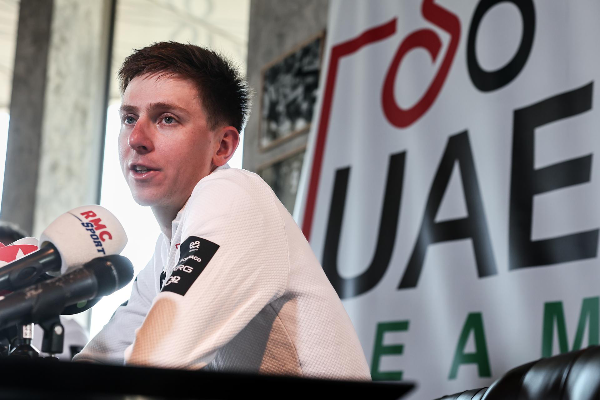 Slovenian Tadej Pogacar of UAE Team Emirates pictured during a press conference of the UAE Team Emirates cycling team ahead of the Ronde van Vlaanderen / Tour des Flandres / Tour of Flanders cycling race, Thursday 03 April 2025 in Waregem. The 109th edition of the cycling race will take place on Sunday 06 April. BELGA PHOTO DAVID PINTENS