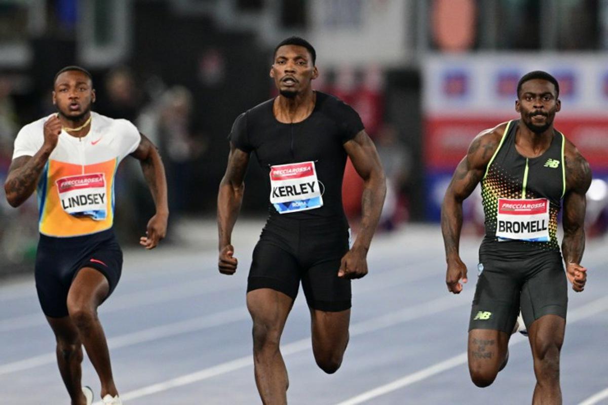 (From L-R) US' Courtney Lindsey, US' Fred Kerley and US' Trayvon Bromell compete in the men's 100m event of the Diamond League athletics meeting at the Olympic stadium in Rome on June 6, 2025.  Tiziana FABI / AFP