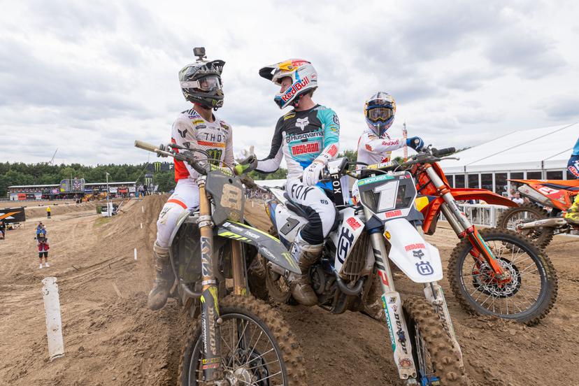 South Africa's Camden McLellan  , the Netherlands' Kay de Wolf and Belgium's Sacha Coenen are pictured after the motocross MX2 Grand Prix Flanders, race 15/20 of the FIM Motocross World Championship, Sunday 03 August 2025 in Lommel. BELGA PHOTO JONAS ROOSENS