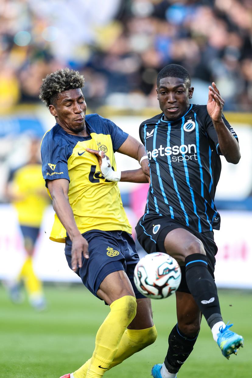 Union's Kevin Rodriguez and Club's Joel Ordonez fight for the ball during a soccer match between Royale Union Saint-Gilloise and Club Brugge, Sunday 19 April 2026 in Brussels, on the third day of the Champion's Play-offs (PO1) of the 2025-2026 'Jupiler Pro League' first division of the Belgian championship. BELGA PHOTO BRUNO FAHY