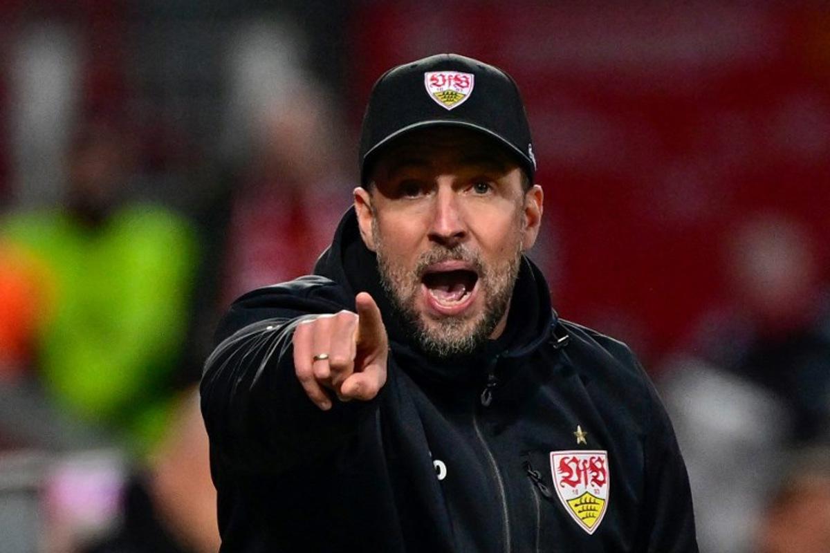 Stuttgart's German head coach Sebastian Hoeness reacts from the sidelines during the German first division Bundesliga football match between Union Berlin and VfB Stuttgart in Berlin on April 19, 2025.  John MACDOUGALL / AFP