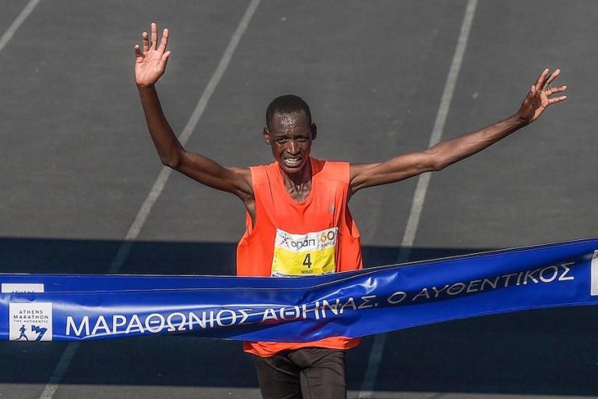 Brimin Kipkorir Misoi from Kenya runs to win the 36th Athens Classic Marathon 'The authentic' at the Panathenaic stadium in Athens on November 11, 2018.   ANGELOS TZORTZINIS / AFP