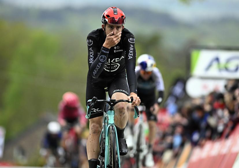 French Kevin Vauquelin of Arkea-BB Hotels finishes as second in the men's race of the 'La Fleche Wallonne', one day cycling race (Waalse Pijl - Walloon Arrow), 205,2 km from Ciney to Huy, Wednesday 23 April 2025. BELGA PHOTO JASPER JACOBS