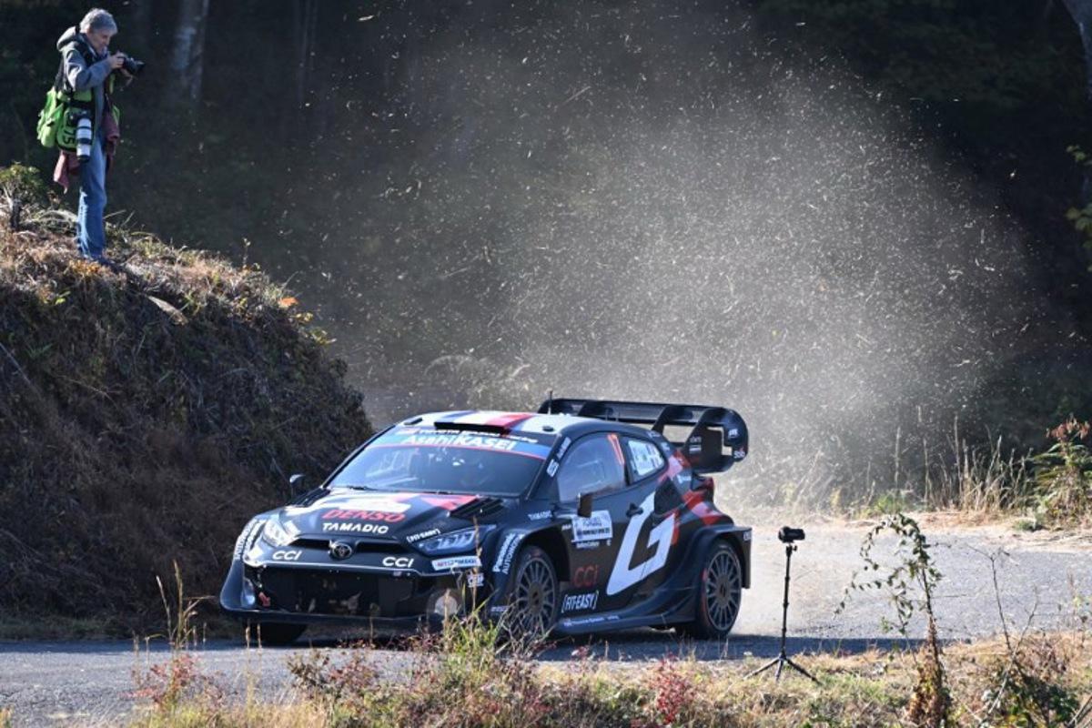 Sebastien Ogier and his co-driver Vincent Landais of France drive their Toyota GR Yaris Rally1 during the SS9 Ena section of the Rally Japan, the 13th round of FIA World Rally Championships, in Ena city, Gifu prefecture on November 8, 2025.  Toshifumi KITAMURA / AFP