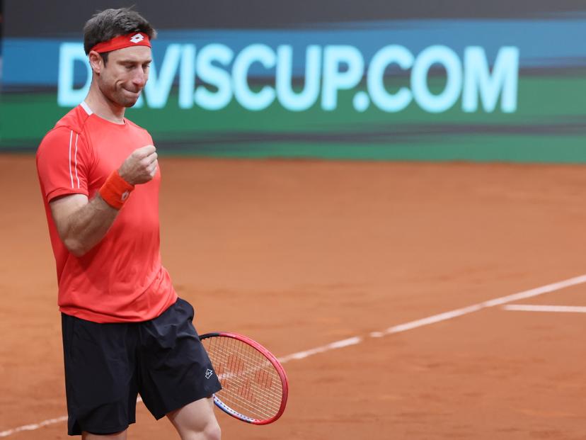 Belgian Sander Gille reacts during a doubles tennis match between Bulgarian Donski/Nesterov and Belgian Gille/Vliegen, match 3 of the qualifier of the Davis Cup on Sunday 08 February 2026, in Plovdiv, Bulgaria. Belgium will compete this weekend in the Davis Cup qualifiers against Bulgaria. BELGA PHOTO BENOIT DOPPAGNE