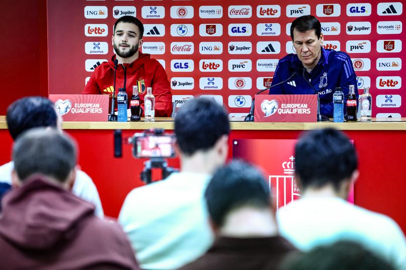 Belgium's Nicolas Raskin and Belgium's head coach Rudi Garcia pictured during a press conference of the Red Devils, the Belgian national soccer team, in Liege on Monday 17 November 2025. The team is preparing for its last World Cup 2026 qualification match against Liechtenstein tomorrow. BELGA PHOTO BRUNO FAHY