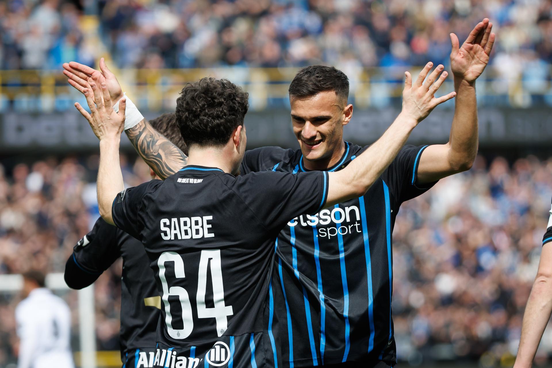 Club's Kyriani Sabbe celebrates after scoring during a soccer match between Club Brugge and RSCA Anderlecht, Monday 06 April 2026 in Brugge, on the first day of the Champion's Play-off (PO1) of the 2025-2026 'Jupiler Pro League' first division of the Belgian championship. BELGA PHOTO KURT DESPLENTER